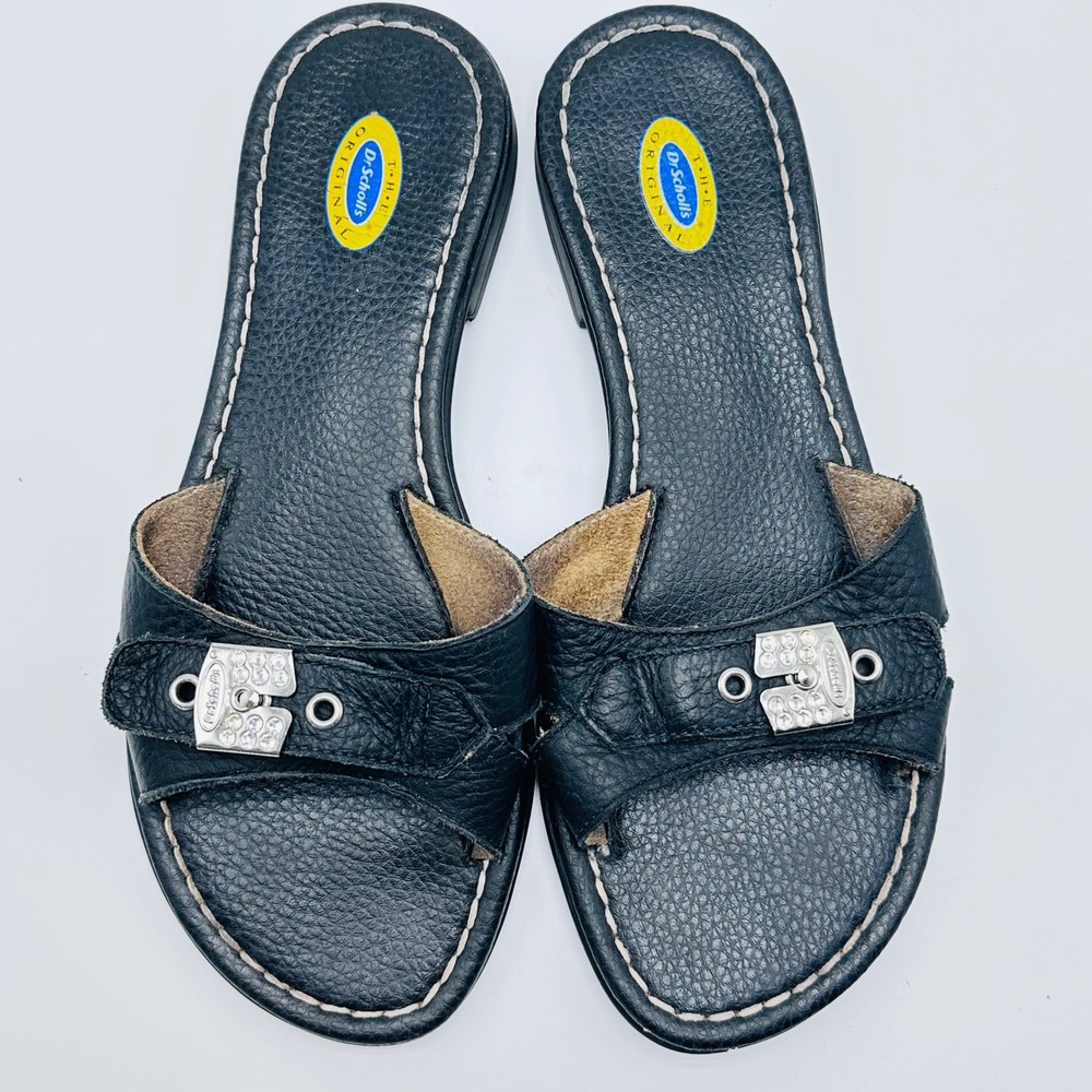 Dr Scholls Original Womens Black Leather Rhinestone Buckle Slide Sandals 7M